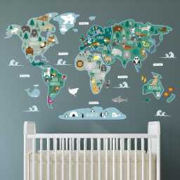 Childrens World Map Wall Sticker, Animal Nursery Decal, Large Kids Fabric Stickers - thumbnail 3