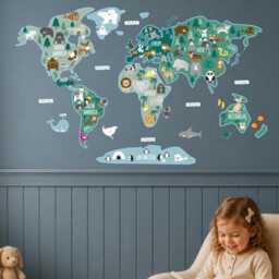 Childrens World Map Wall Sticker, Animal Nursery Decal, Large Kids Fabric Stickers - thumbnail 1
