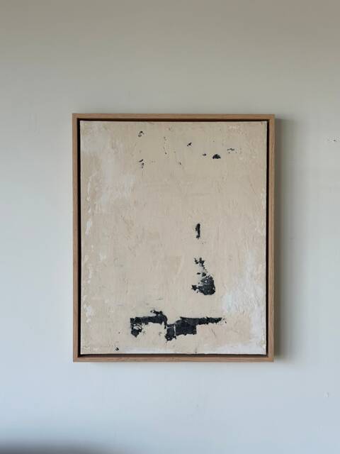 Wabi-Sabi Abstract Art Beige & Black Painting, Oak Wood Frame - 16x20 - image 1