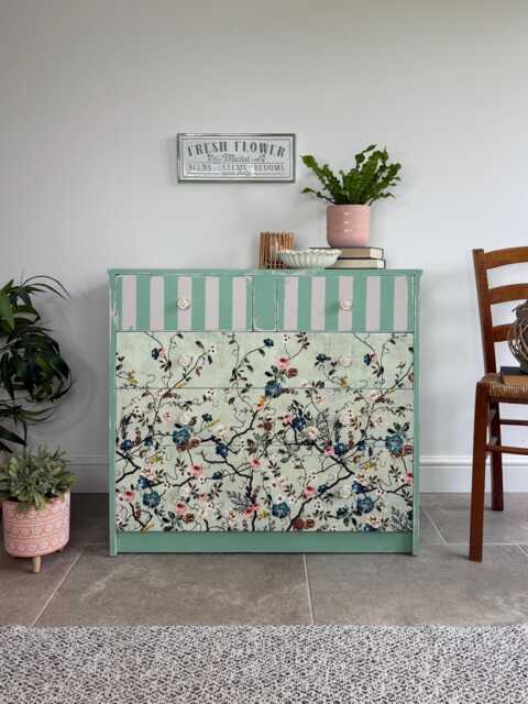 Handmade Chest Of Drawers, Painted in Green & Cream With A Colourful Floral Design - image 1