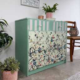 Handmade Chest Of Drawers, Painted in Green & Cream With A Colourful Floral Design - thumbnail 2