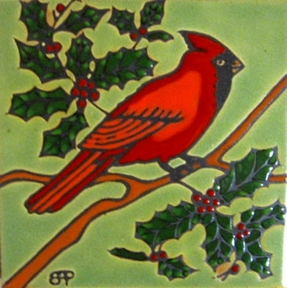 Hand Painted Ceramic Tile Red Cardinal Bird Original Art Backsplash Trivet Hot Plate Install Mosaic Holly - image 1