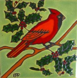 Hand Painted Ceramic Tile Red Cardinal Bird Original Art Backsplash Trivet Hot Plate Install Mosaic Holly - thumbnail 1