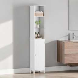 Tall White Bathroom Storage Cabinet With Door & Adjustable Shelves