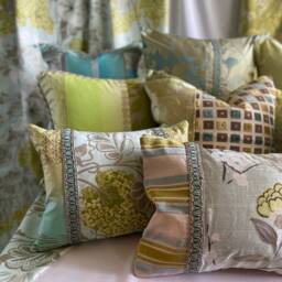 "Designers Guild Floral Pillow Cover Aqua Blue Silk Velvet, 18""x 12" - thumbnail 2