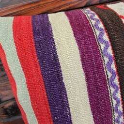 Vintage Handwoven Kilim Pillow Cover, Striped Wool Cushion - 16x24In - thumbnail 2
