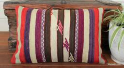 Vintage Handwoven Kilim Pillow Cover, Striped Wool Cushion - 16x24In