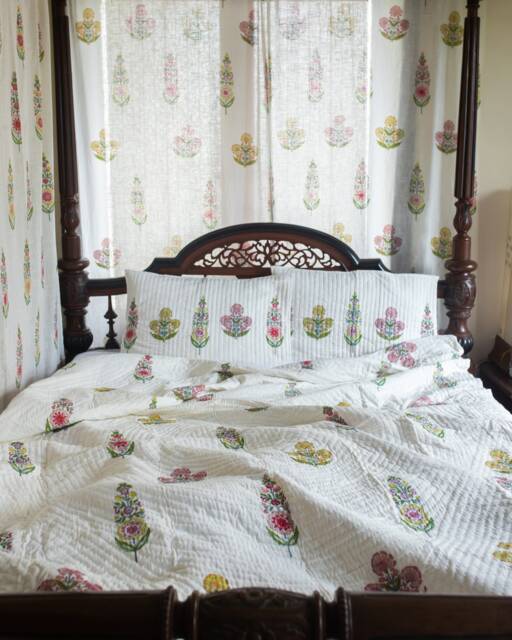 Guldasta Cypress Poppy Blockprint Handstitch Pk Queen Size Quilt Set, Dohar, Handmade Bedding, Christmas Gift, Light Coverlet, Fast Shipping - image 1