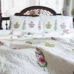 Guldasta Cypress Poppy Blockprint Handstitch Pk Queen Size Quilt Set, Dohar, Handmade Bedding, Christmas Gift, Light Coverlet, Fast Shipping - thumbnail 2