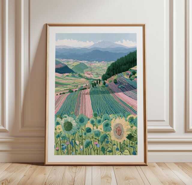Sunflower Field Poster, Mountain Landscape Print, Nature Wall Art - image 1