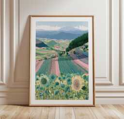 Sunflower Field Poster, Mountain Landscape Print, Nature Wall Art - thumbnail 1