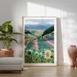 Sunflower Field Poster, Mountain Landscape Print, Nature Wall Art - thumbnail 4