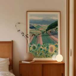 Sunflower Field Poster, Mountain Landscape Print, Nature Wall Art - thumbnail 2