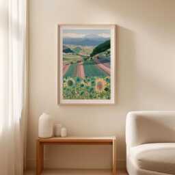 Sunflower Field Poster, Mountain Landscape Print, Nature Wall Art - thumbnail 3