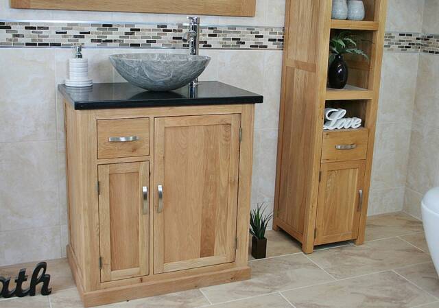 Bathroom Vanity Unit Free Standing Oak Cabinet Black Quartz & Marble Basin 503Bqsbc - image 1