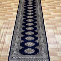 2.6x10 Navy Blue Bokhara Rug - Runner Hallway Luxury Long Fine Quality Green Afghan - thumbnail 2