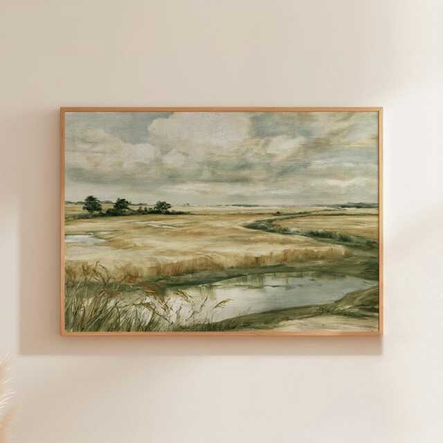 Meadow River Poster, Neutral Landscape Print, Country Wall Art, Paper - image 1