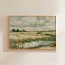Meadow River Poster, Neutral Landscape Print, Country Wall Art, Paper - thumbnail 1