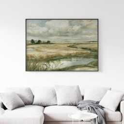 Meadow River Poster, Neutral Landscape Print, Country Wall Art, Paper - thumbnail 3