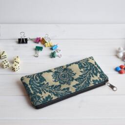 Teal Damask Pencil Case Zippered Travel Pouch - thumbnail 3