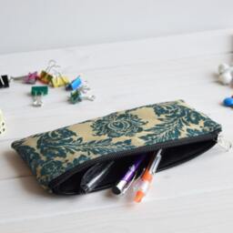 Teal Damask Pencil Case Zippered Travel Pouch - thumbnail 4