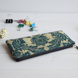 Teal Damask Pencil Case Zippered Travel Pouch - thumbnail 2