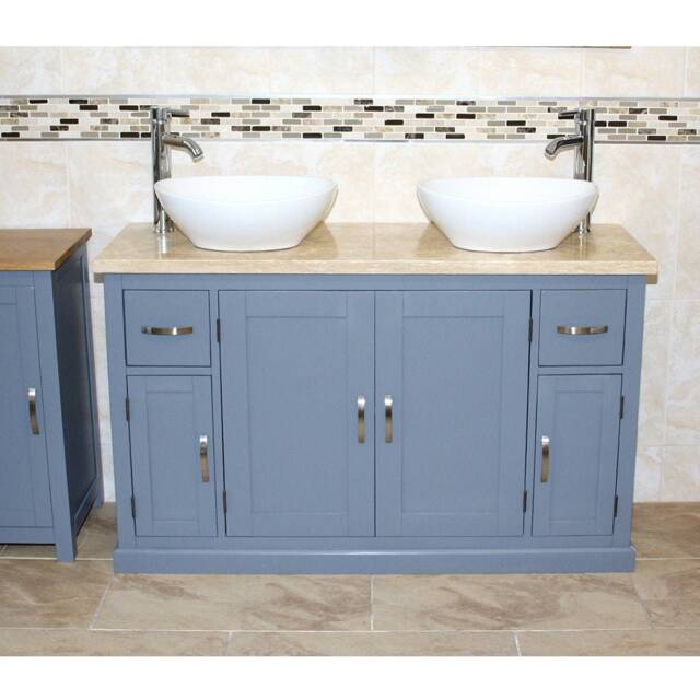Bathroom Vanity Unit - Grey Painted Travertine Top & Ceramic Basin Set 402Gttcbcx2 - image 1