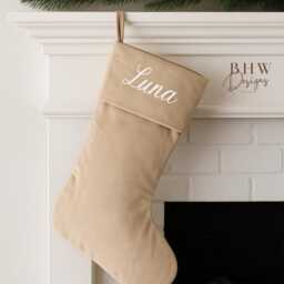Personalised Name Beige Velvet Stocking Hanging Christmas - thumbnail 3