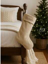 Personalised Name Beige Velvet Stocking Hanging Christmas