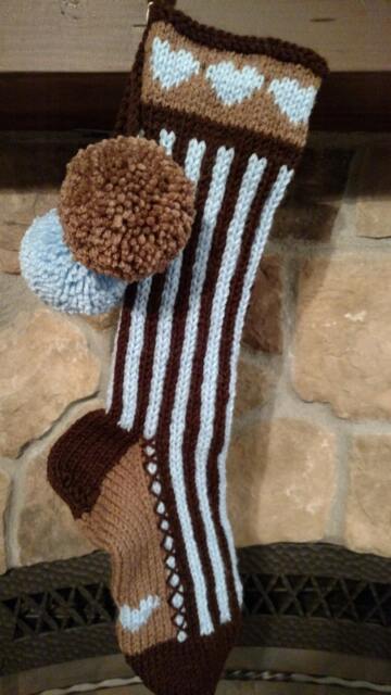 Hand Knit Christmas Stockings Pastel Blue Chocolate Brown Stripe Hearts By Santa's Stocking Works - image 1