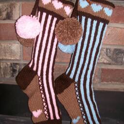 Hand Knit Christmas Stockings Pastel Blue Chocolate Brown Stripe Hearts By Santa's Stocking Works - thumbnail 3