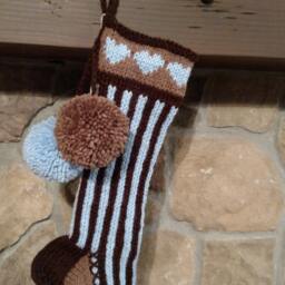 Hand Knit Christmas Stockings Pastel Blue Chocolate Brown Stripe Hearts By Santa's Stocking Works - thumbnail 2