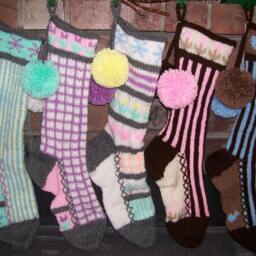 Hand Knit Christmas Stockings Pastel Blue Chocolate Brown Stripe Hearts By Santa's Stocking Works - thumbnail 4