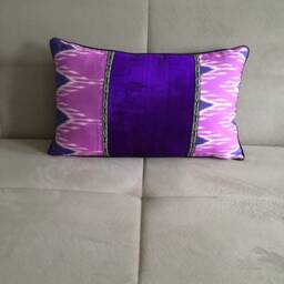 Handwoven Silk Ikat Velvet Pillow Neon Lilac & Blue Cushion Cover - thumbnail 3