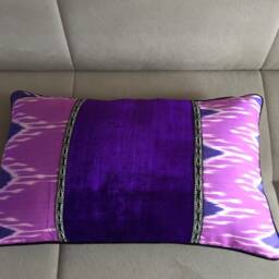 Handwoven Silk Ikat Velvet Pillow Neon Lilac & Blue Cushion Cover - thumbnail 2