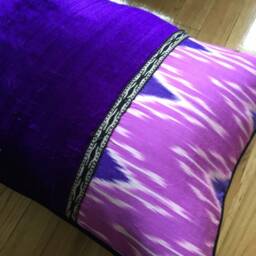 Handwoven Silk Ikat Velvet Pillow Neon Lilac & Blue Cushion Cover - thumbnail 4