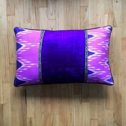 Handwoven Silk Ikat Velvet Pillow Neon Lilac & Blue Cushion Cover