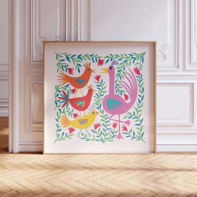Illustrated Birds Gicl??e Print Colourful Square Wall Art - image 1