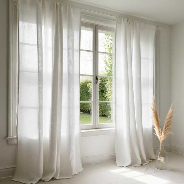 White Linen Curtain Panel Semi Sheer Rod Pocket, Handmade in Poland - image 1