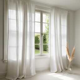 White Linen Curtain Panel Semi Sheer Rod Pocket, Handmade in Poland - thumbnail 1