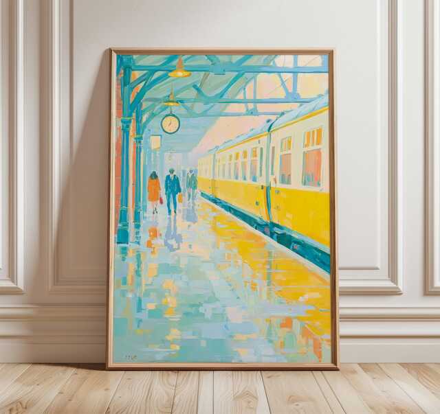 Train Station Painting Print, Rainy Day Platform Art, Yellow Car Poster, Travel Decor - image 1