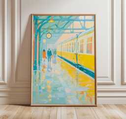 Train Station Painting Print, Rainy Day Platform Art, Yellow Car Poster, Travel Decor - thumbnail 1