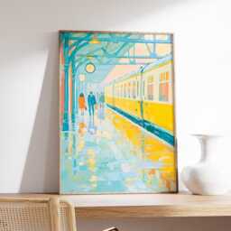 Train Station Painting Print, Rainy Day Platform Art, Yellow Car Poster, Travel Decor - thumbnail 2