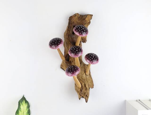 Purple Mushroom Wall Art, Wooden Deco, Wood Carving, Unique Figurine, Fairy, Forest, Patio Handmade Gift For Valentine Day - image 1