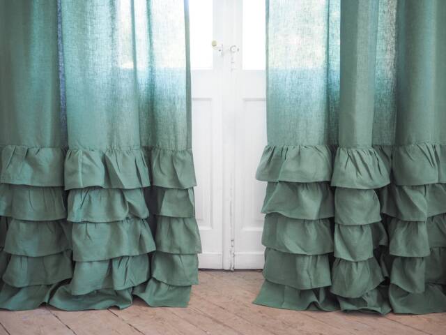 Green Linen Ruffled Curtain Panel, Farmhouse Style, Medium Curtains - image 1