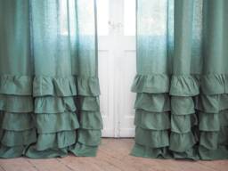 Green Linen Ruffled Curtain Panel, Farmhouse Style, Medium Curtains - thumbnail 1