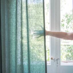 Green Linen Ruffled Curtain Panel, Farmhouse Style, Medium Curtains - thumbnail 3