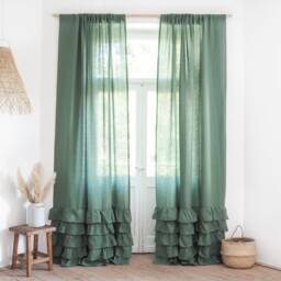 Green Linen Ruffled Curtain Panel, Farmhouse Style, Medium Curtains - thumbnail 2