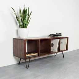 "Vinyl Storage Record Player Stand On Hairpin Legs, Large Solid Dark Ash ""Condor Cabinet" - thumbnail 3