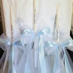 Personalized Greek Orthodox Baptism Set in Baby Blue, Embroidered Towel & Oil Sheet, 3 Candles, Bottle Soap - thumbnail 4